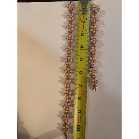 Bracelet Necklace Earrings Vintage Costume Jewelry Set Pink Flowers Rhinestones - Picture 5 of 7